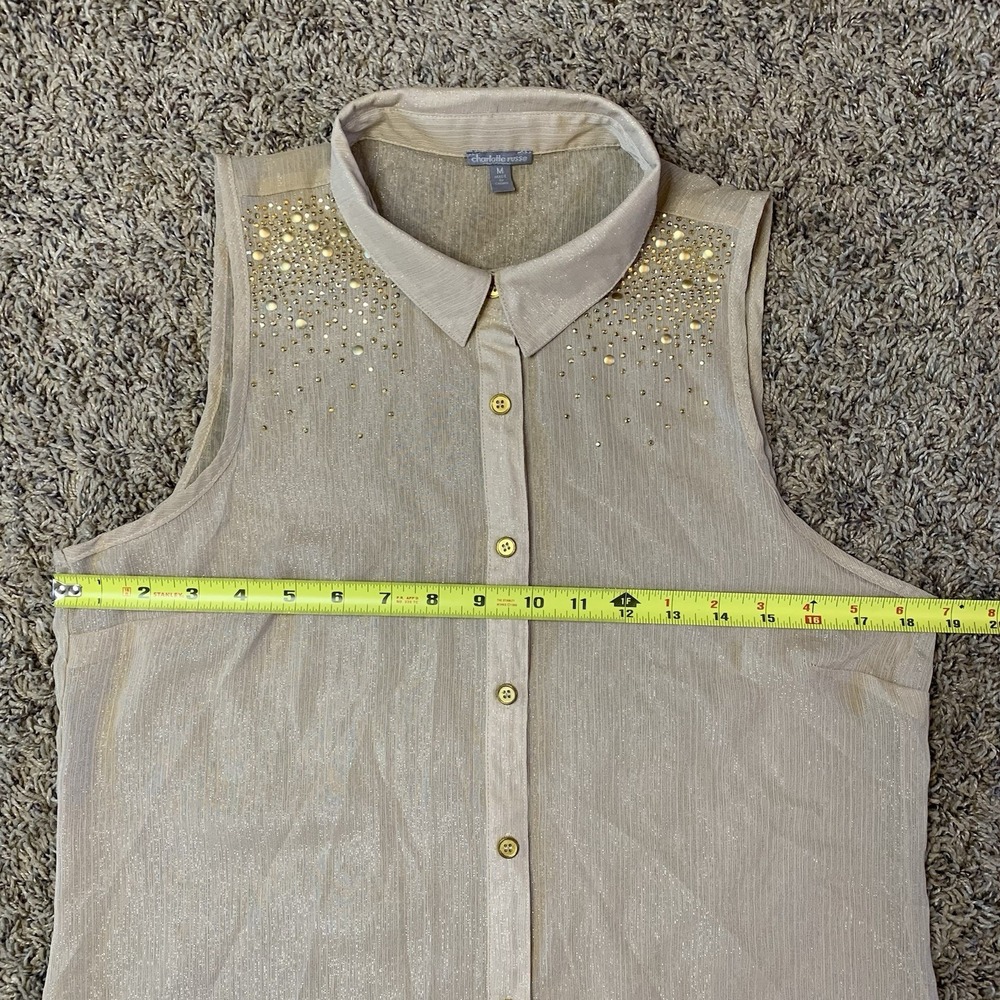 Charlotte Russe Blouse Womens M Beige Gold Button Up Collared Top Business - Picture 5 of 10